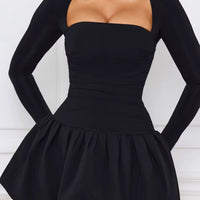 Long-Sleeve Bubble Hem Mini Dress in Black