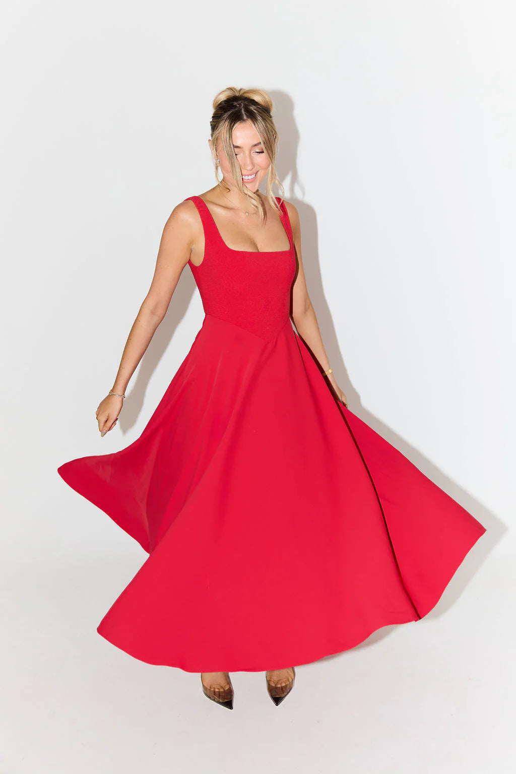 High Waist Square Neck Midi Dress | Red