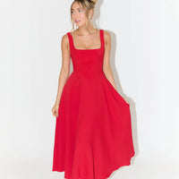 High Waist Square Neck Midi Dress | Red