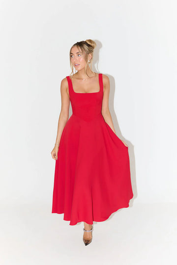 High Waist Square Neck Midi Dress | Red