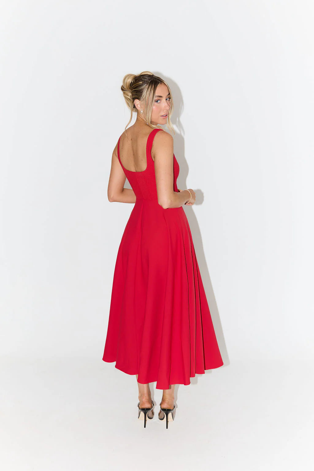 High Waist Square Neck Midi Dress | Red