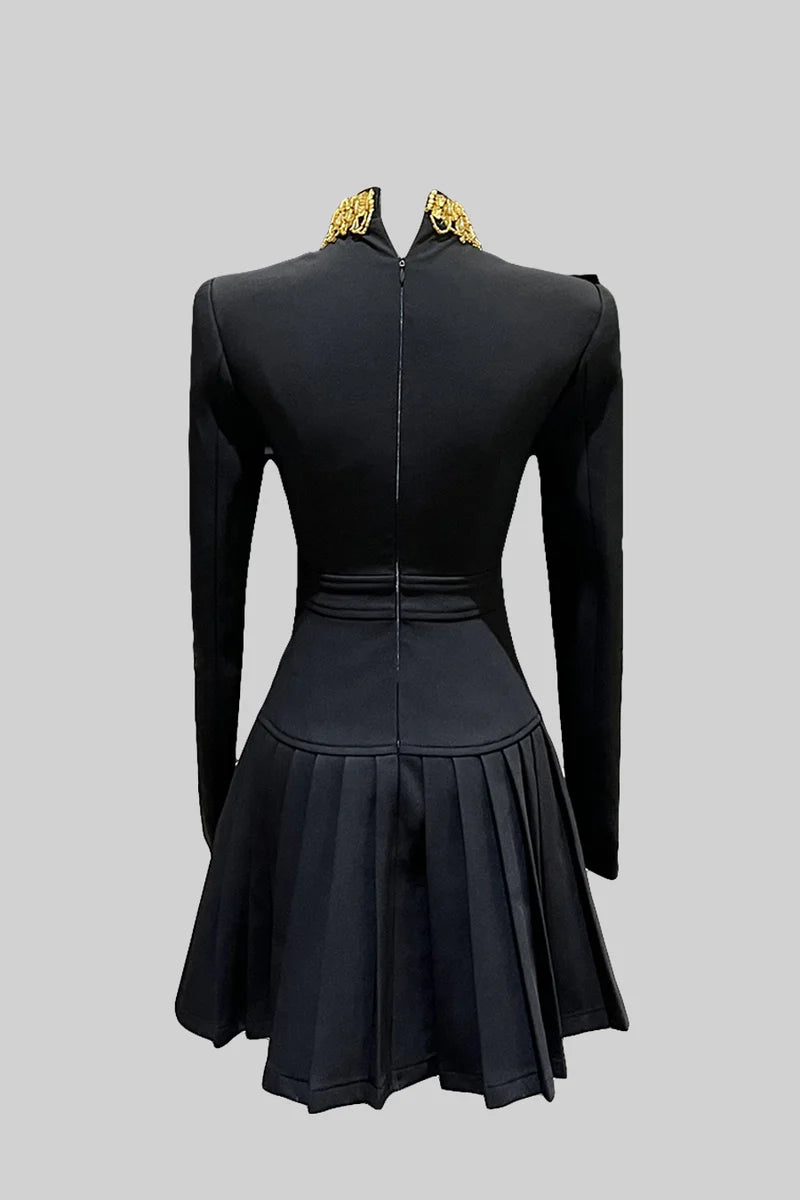 Buttoned Dress With Large Decorative Gold Buttons And Neckline Bow - Black