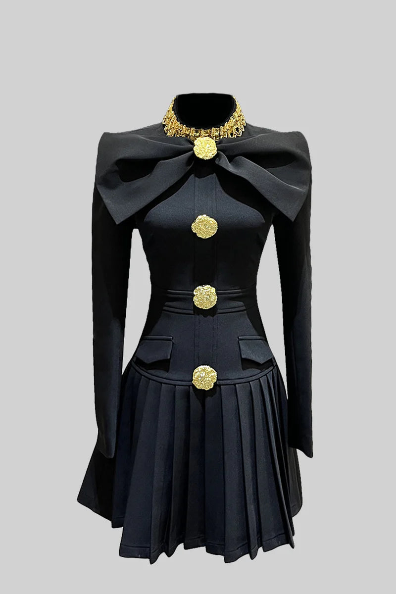 Buttoned Dress With Large Decorative Gold Buttons And Neckline Bow - Black