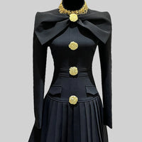 Buttoned Dress With Large Decorative Gold Buttons And Neckline Bow - Black