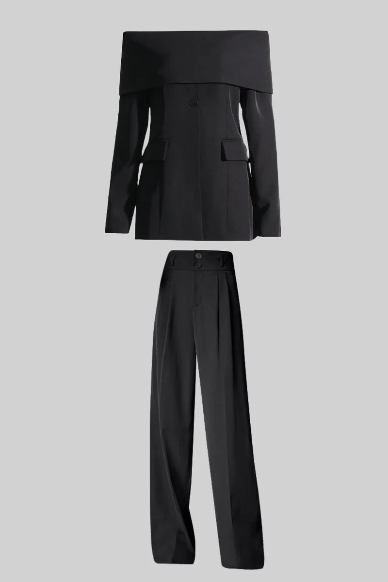 Cut Out Shoulder Jacket and Pants - Black