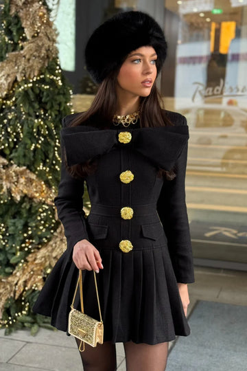 Buttoned Dress With Large Decorative Gold Buttons And Neckline Bow - Black