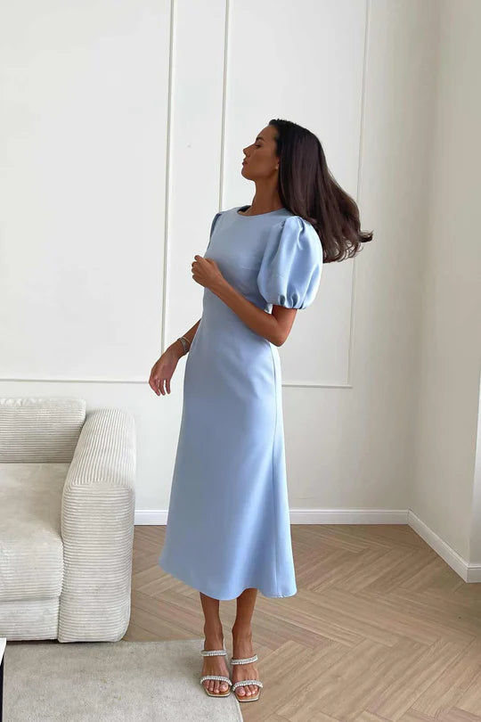 Godet Silhouette Puff Sleeve Midi Dress