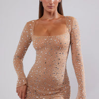 Sheer Embellished Long Sleeve A-Line Mini Dress in Almond