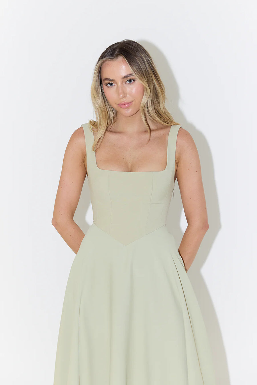 High Waist Square Neck Midi Dress | Olive