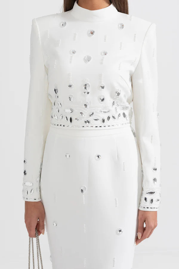 Diamond Embellished Co-Ord with Maxi Skirt - White