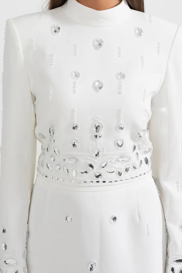 Diamond Embellished Co-Ord with Maxi Skirt - White