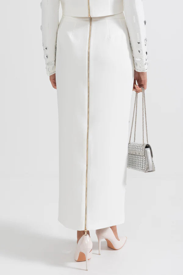 Diamond Embellished Co-Ord with Maxi Skirt - White