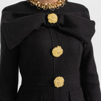 Buttoned Dress With Large Decorative Gold Buttons And Neckline Bow - Black