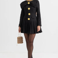 Buttoned Dress With Large Decorative Gold Buttons And Neckline Bow - Black