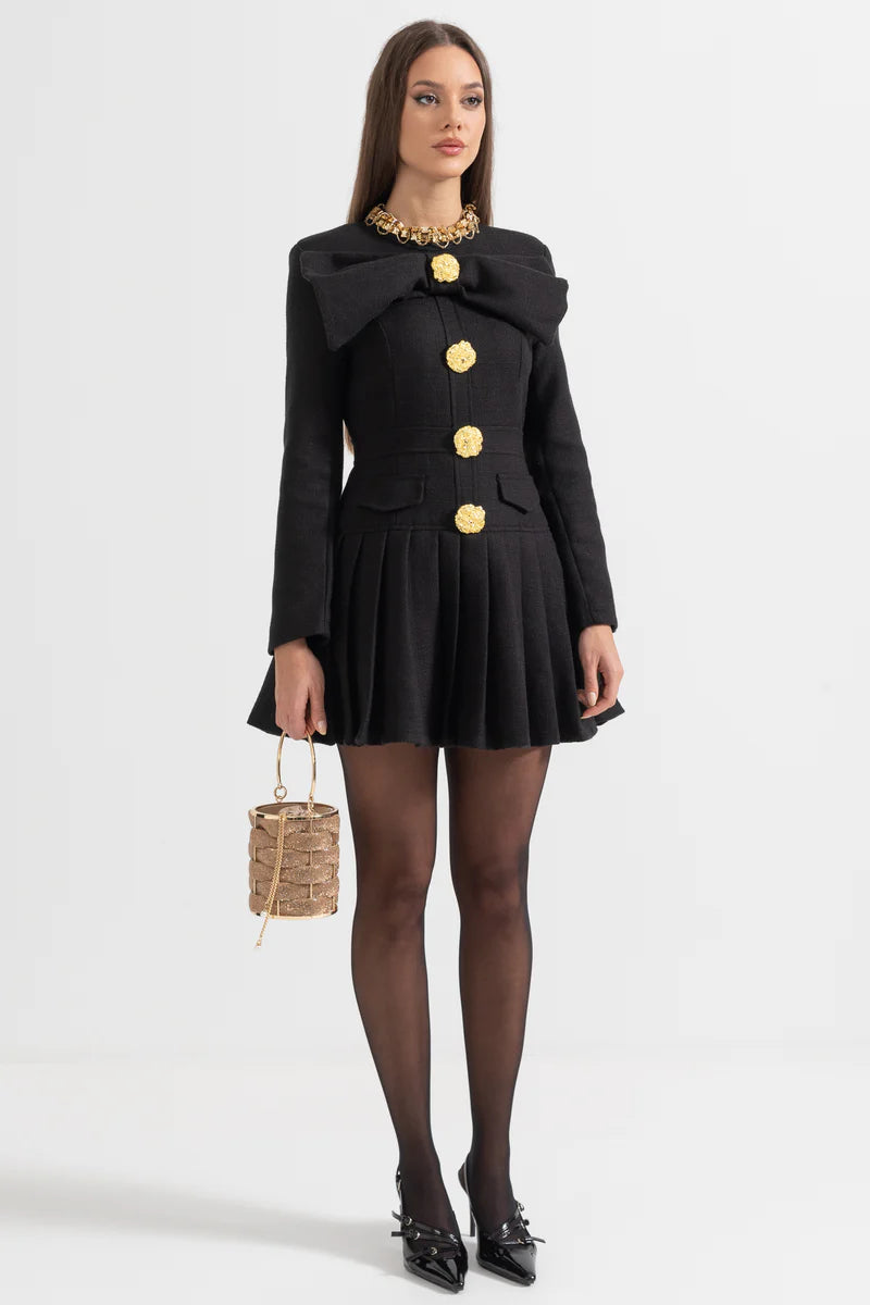 Buttoned Dress With Large Decorative Gold Buttons And Neckline Bow - Black