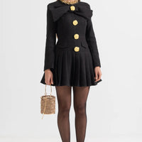 Buttoned Dress With Large Decorative Gold Buttons And Neckline Bow - Black