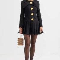 Buttoned Dress With Large Decorative Gold Buttons And Neckline Bow - Black