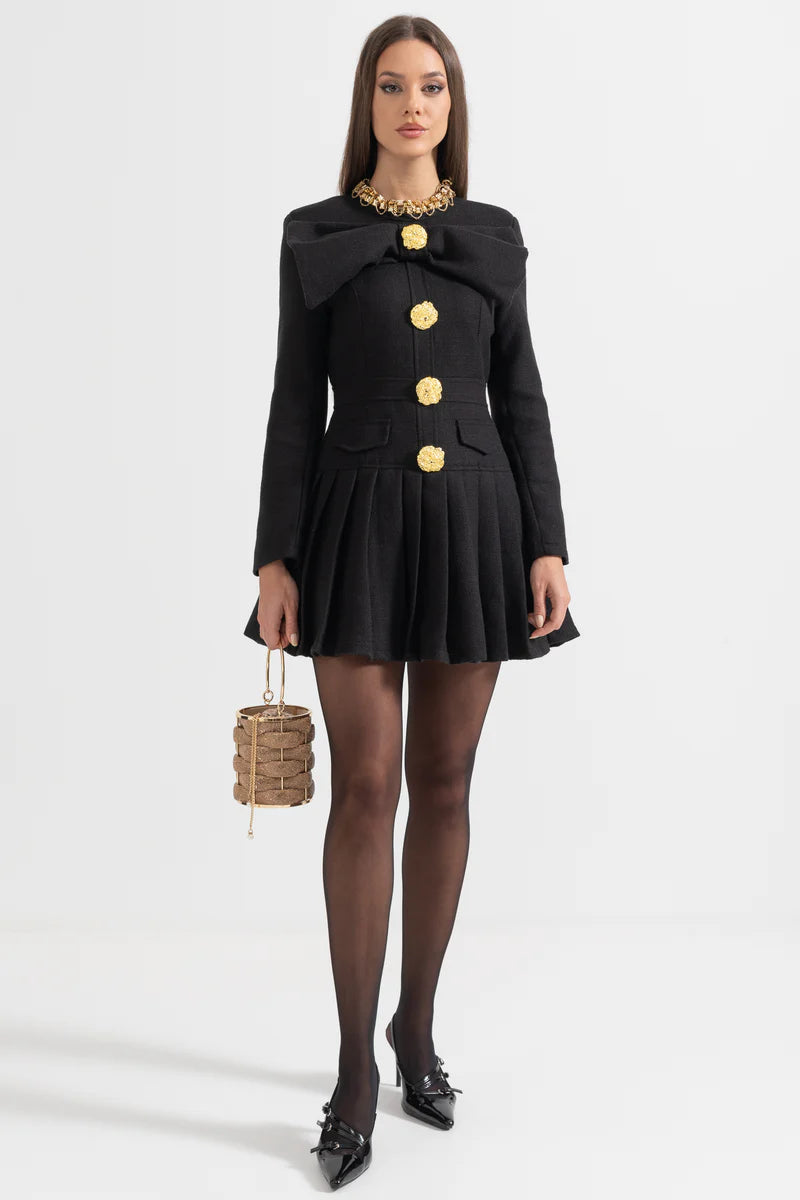 Buttoned Dress With Large Decorative Gold Buttons And Neckline Bow - Black