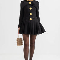 Buttoned Dress With Large Decorative Gold Buttons And Neckline Bow - Black