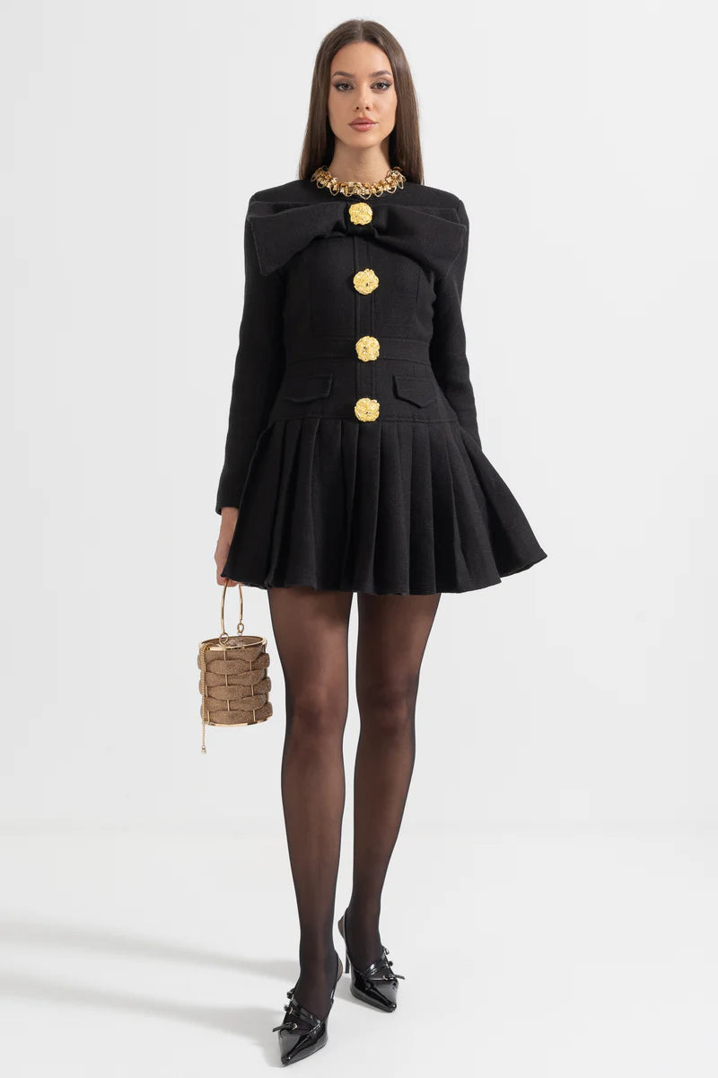 Buttoned Dress With Large Decorative Gold Buttons And Neckline Bow - Black