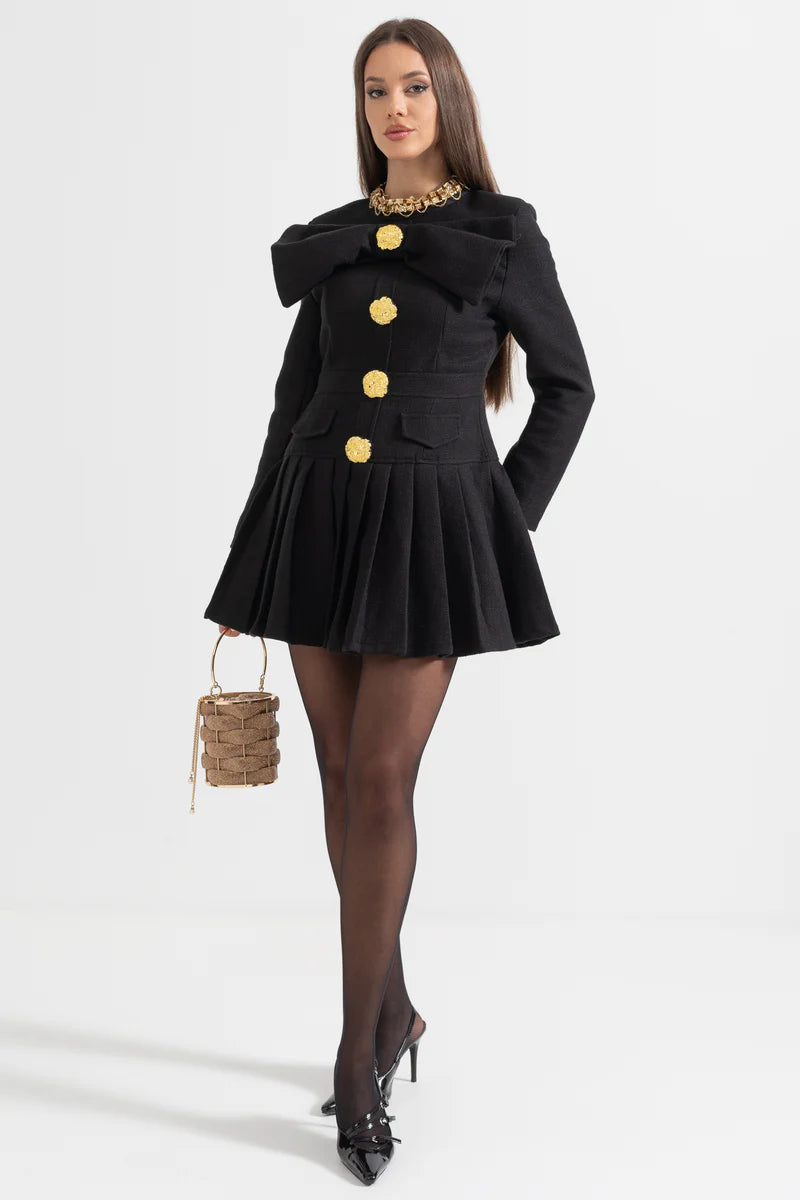 Buttoned Dress With Large Decorative Gold Buttons And Neckline Bow - Black