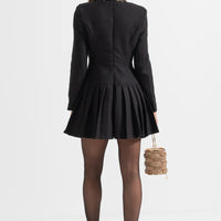 Buttoned Dress With Large Decorative Gold Buttons And Neckline Bow - Black