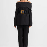 Cut Out Shoulder Jacket and Pants - Black