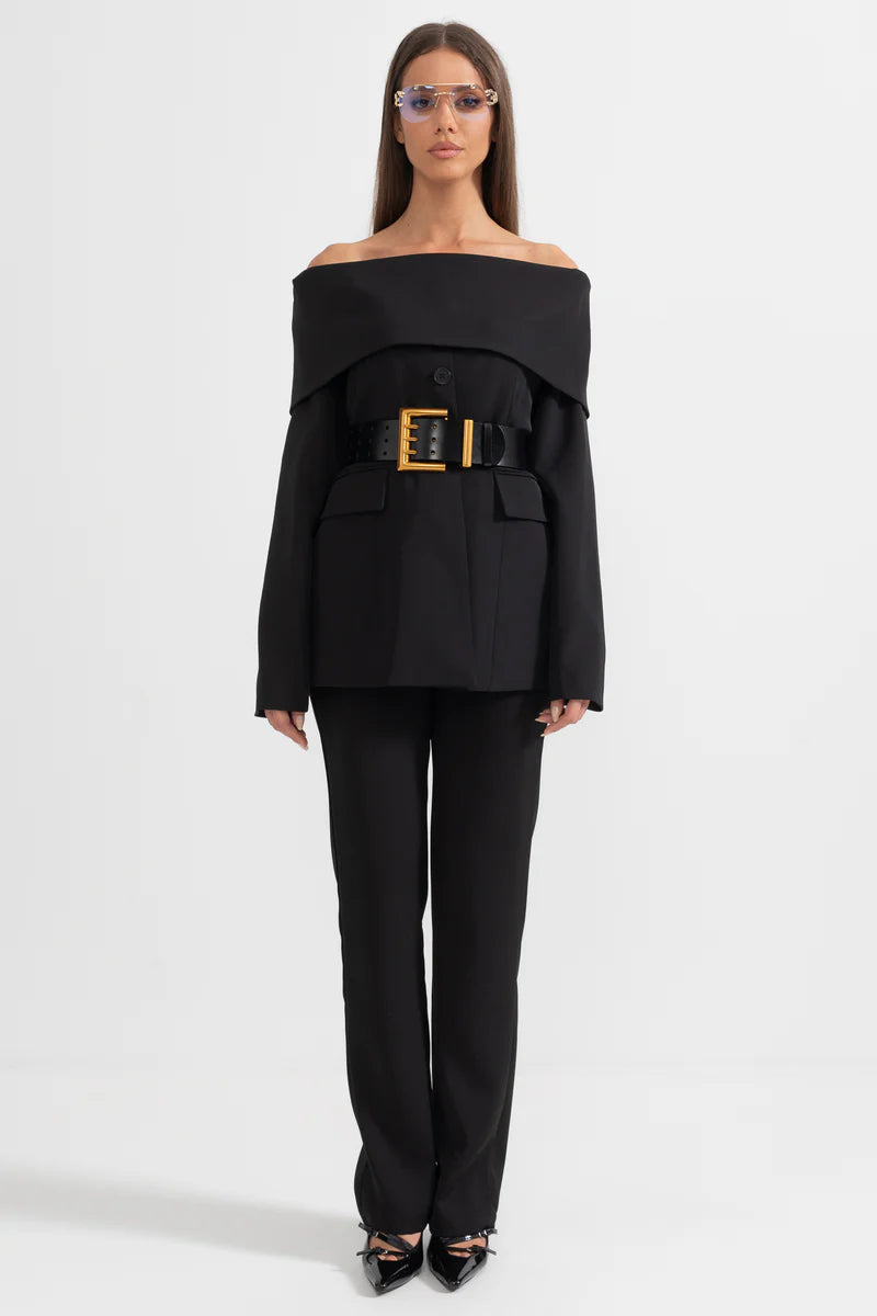 Cut Out Shoulder Jacket and Pants - Black