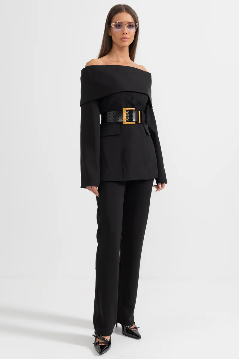 Cut Out Shoulder Jacket and Pants - Black