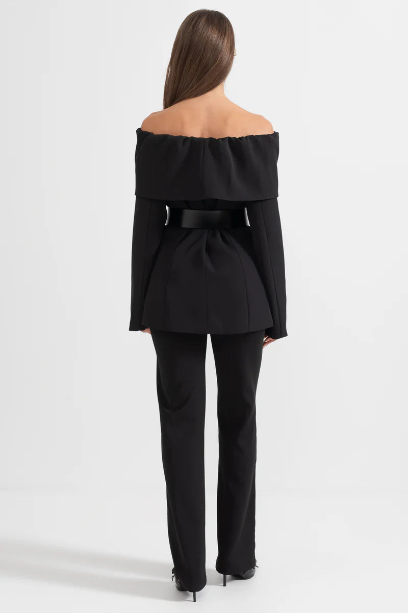 Cut Out Shoulder Jacket and Pants - Black