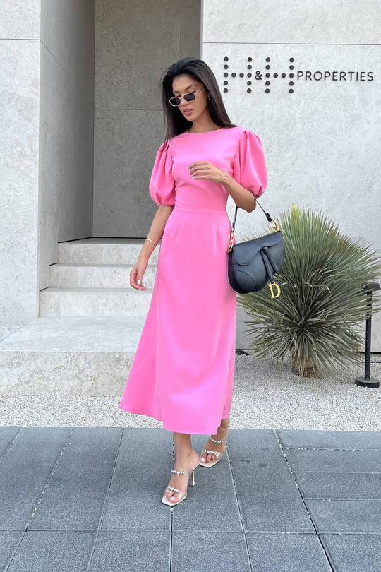 Godet Silhouette Puff Sleeve Midi Dress