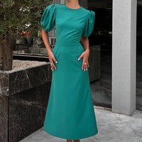 Godet Silhouette Puff Sleeve Midi Dress