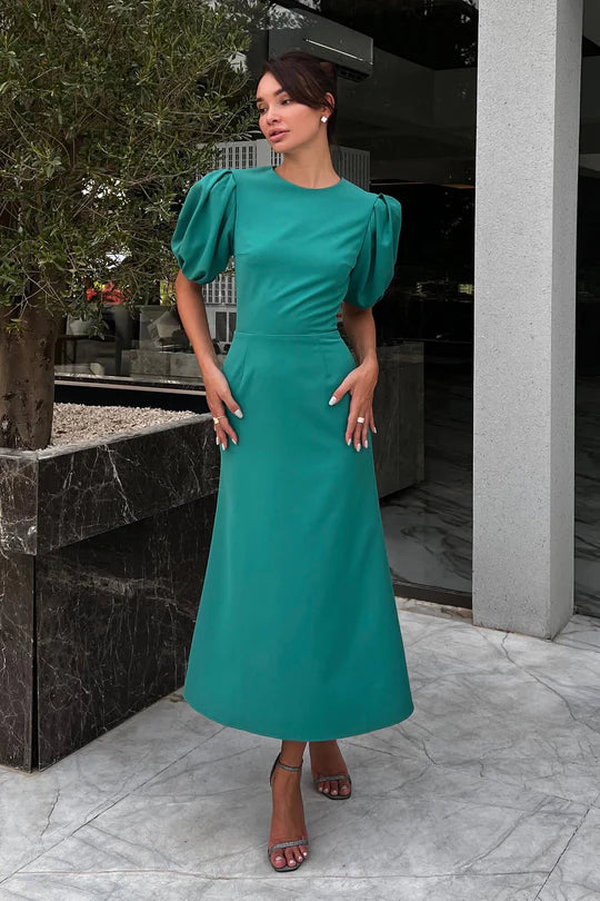 Godet Silhouette Puff Sleeve Midi Dress