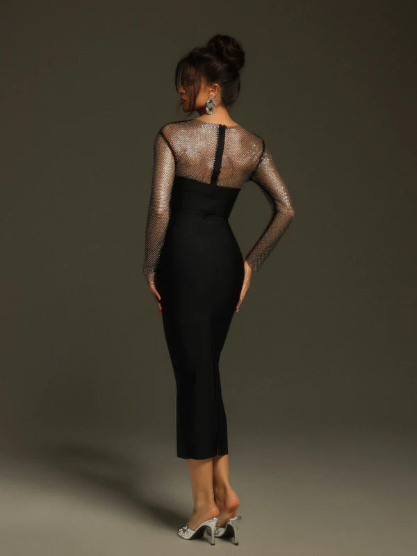 Ruzevich Long Sleeve Crystal Bandage Midi Dress