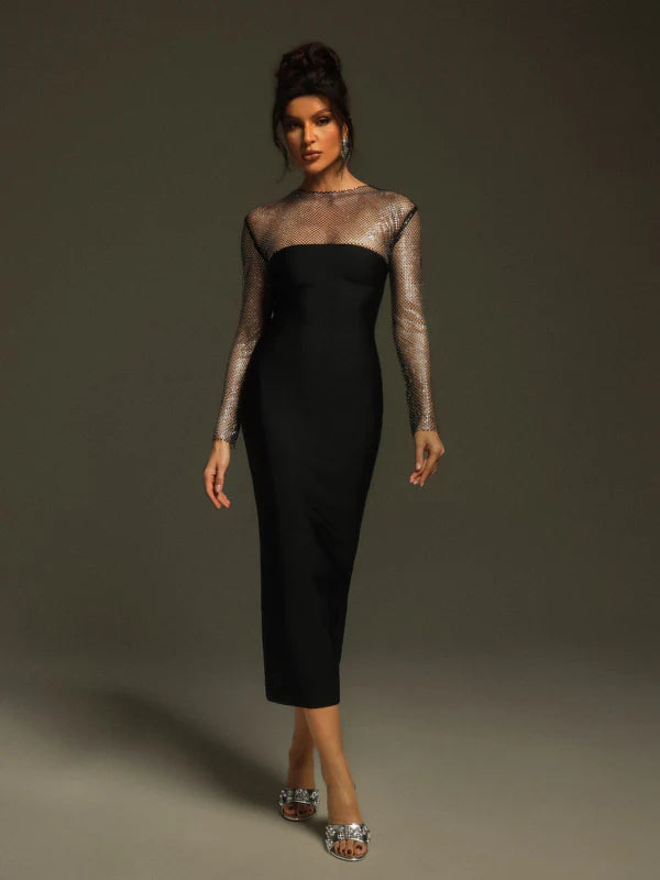 Ruzevich Long Sleeve Crystal Bandage Midi Dress