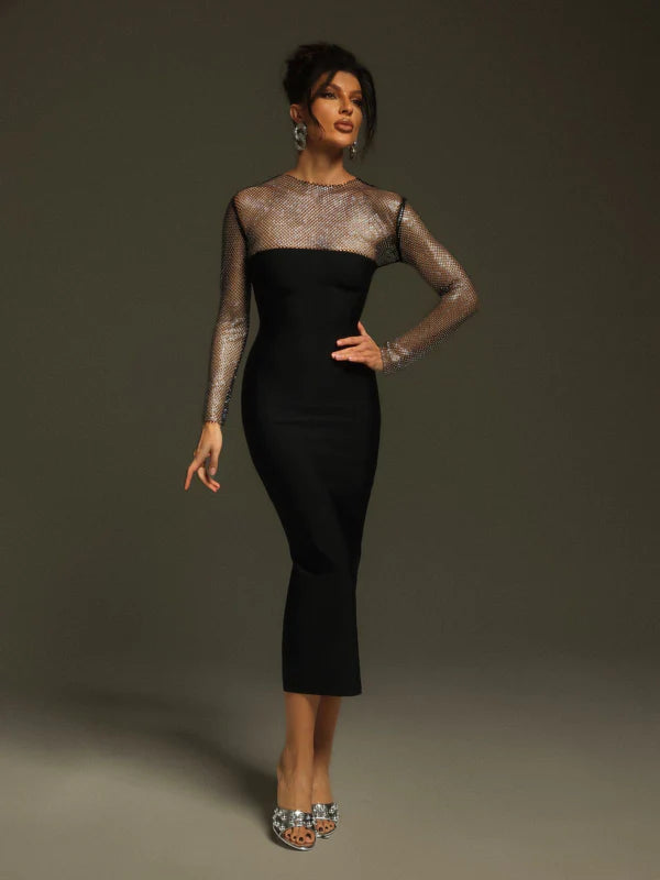 Ruzevich Long Sleeve Crystal Bandage Midi Dress