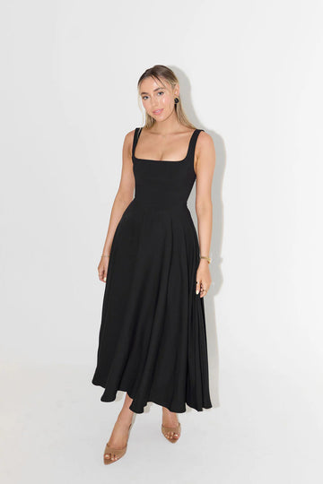 High Waist Square Neck Midi Dress | Black