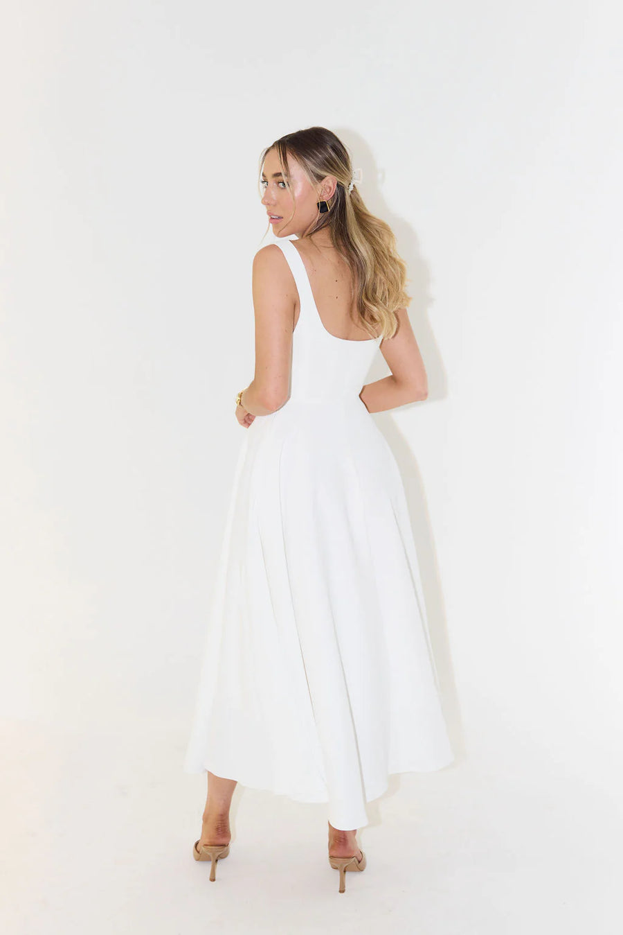 High Waist Square Neck Midi Dress | White