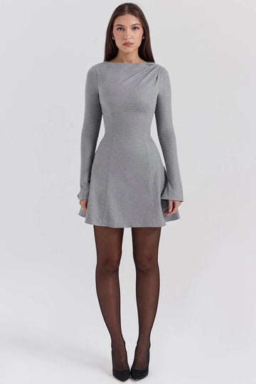 Grey A-Line Long Sleeve Mini Dress