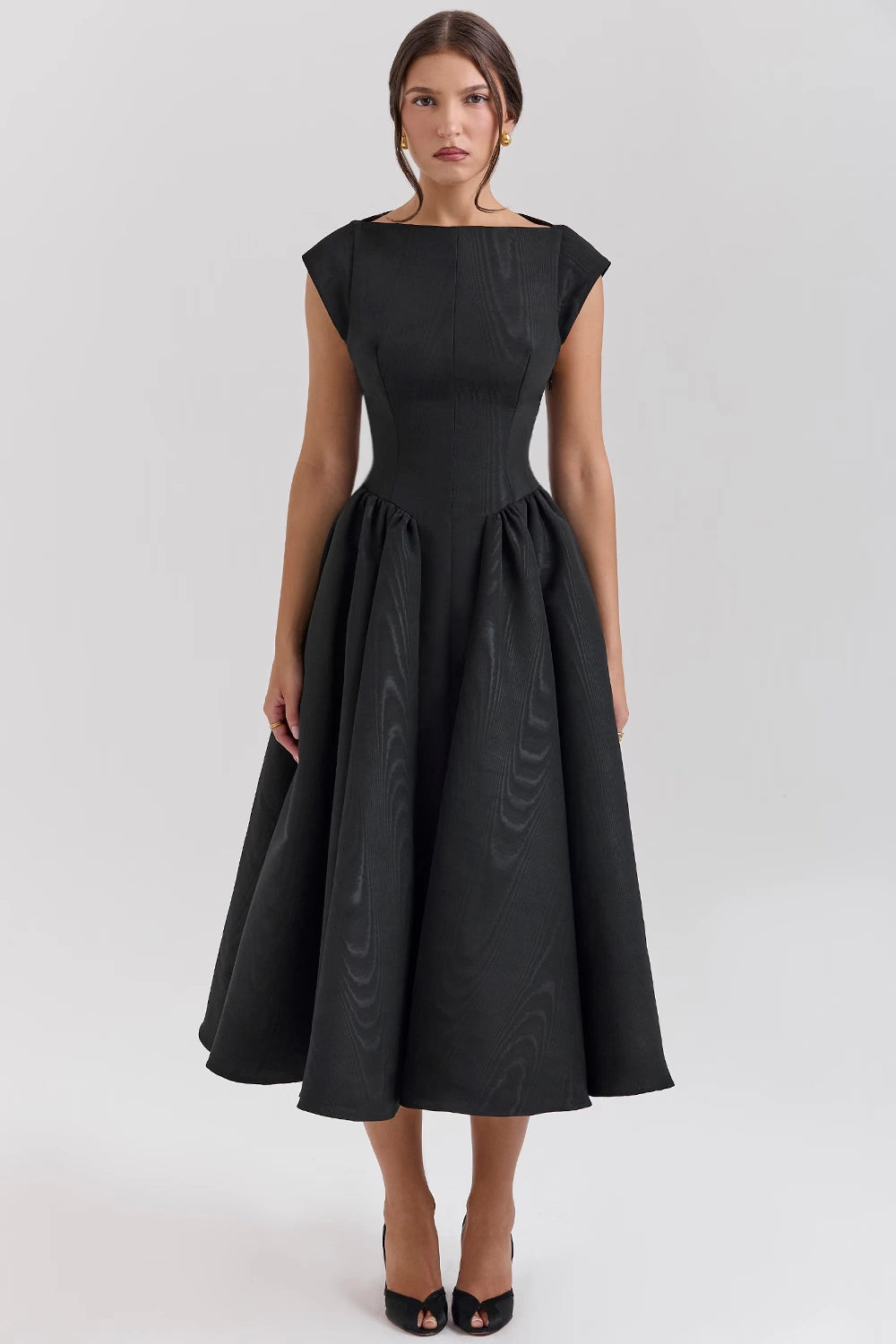 Black Moire Satin Backless Midi Dress