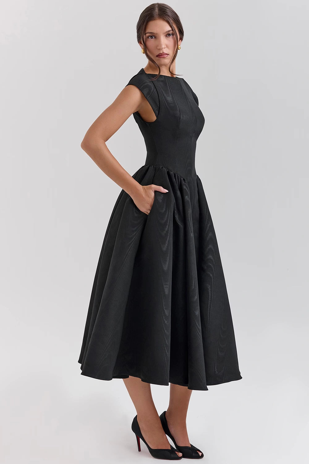 Black Moire Satin Backless Midi Dress