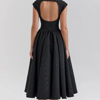 Black Moire Satin Backless Midi Dress