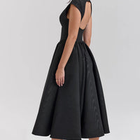 Black Moire Satin Backless Midi Dress