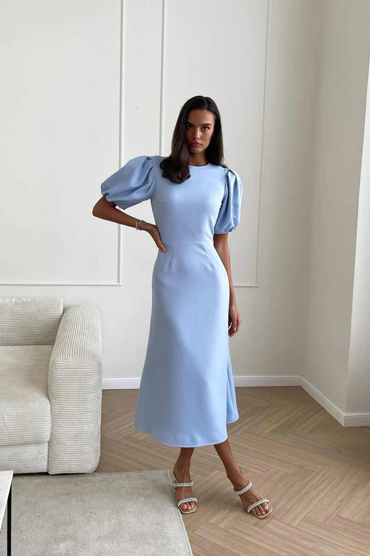 Godet Silhouette Puff Sleeve Midi Dress