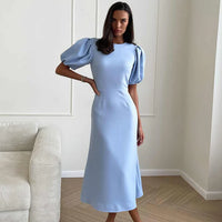 Godet Silhouette Puff Sleeve Midi Dress