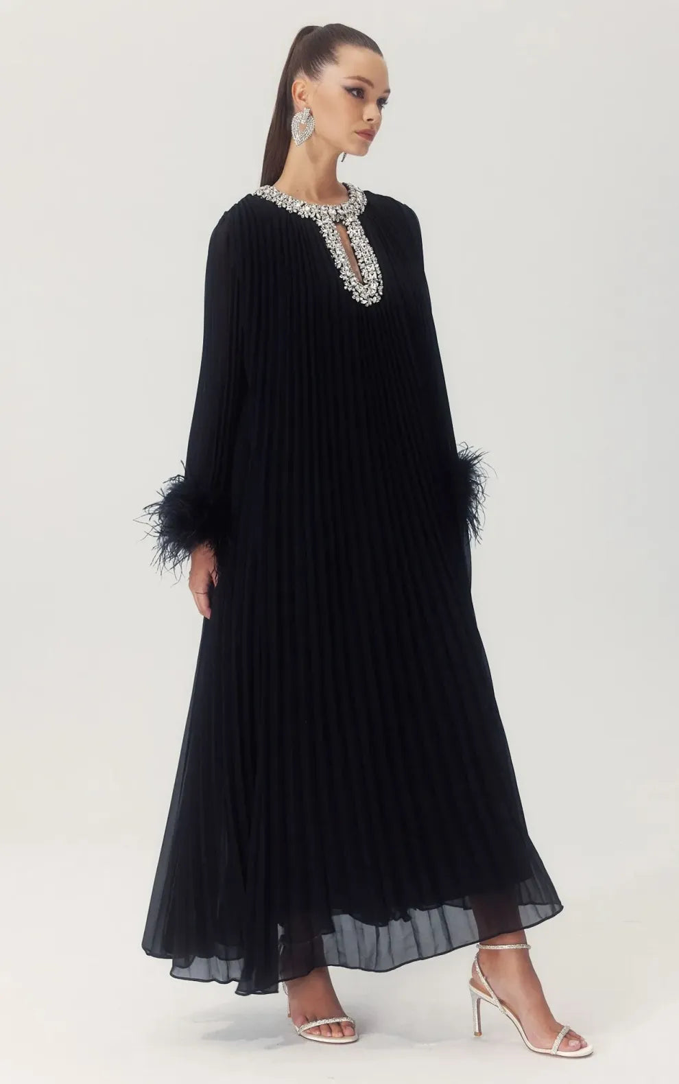 Yvonne Diamante Feathered Pleated Maxi Chiffon Dress