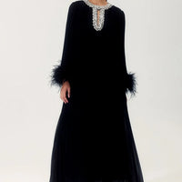 Yvonne Diamante Feathered Pleated Maxi Chiffon Dress