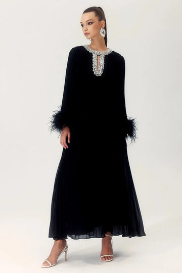 Yvonne Diamante Feathered Pleated Maxi Chiffon Dress