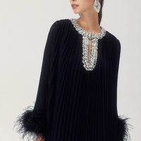 Yvonne Diamante Feathered Pleated Maxi Chiffon Dress