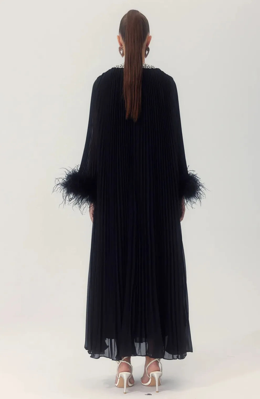 Yvonne Diamante Feathered Pleated Maxi Chiffon Dress